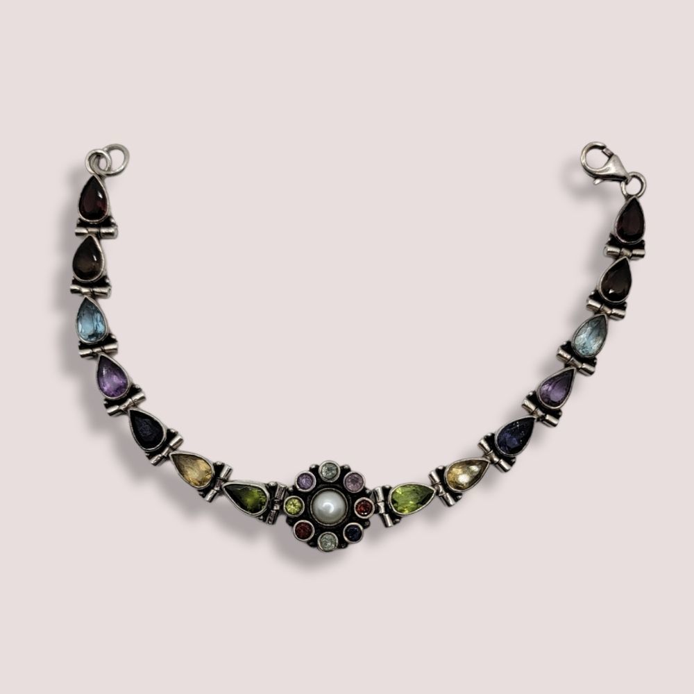 Vintage Womens Sterling Silver 925 Gemstone, Pearl, Flower Tennis Bracelet